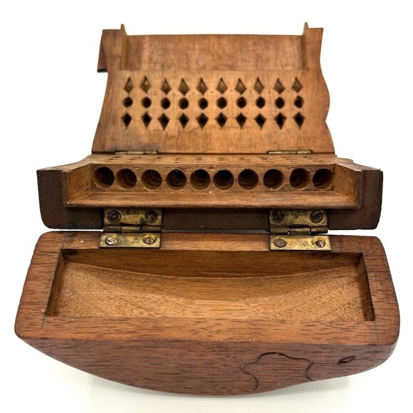 Vintage Wooden Elephant Cigarette Case Hand Carved Holder Storage Hinged - Picture 8 of 16